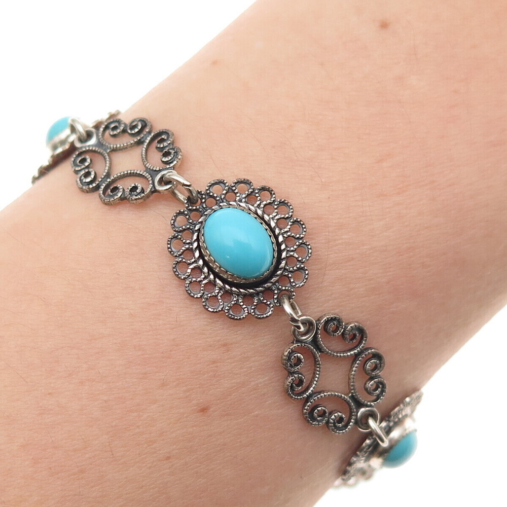 Beau Sterling Silver Antique Art Deco Real Turquoise Bracelet 6" (missing loop)